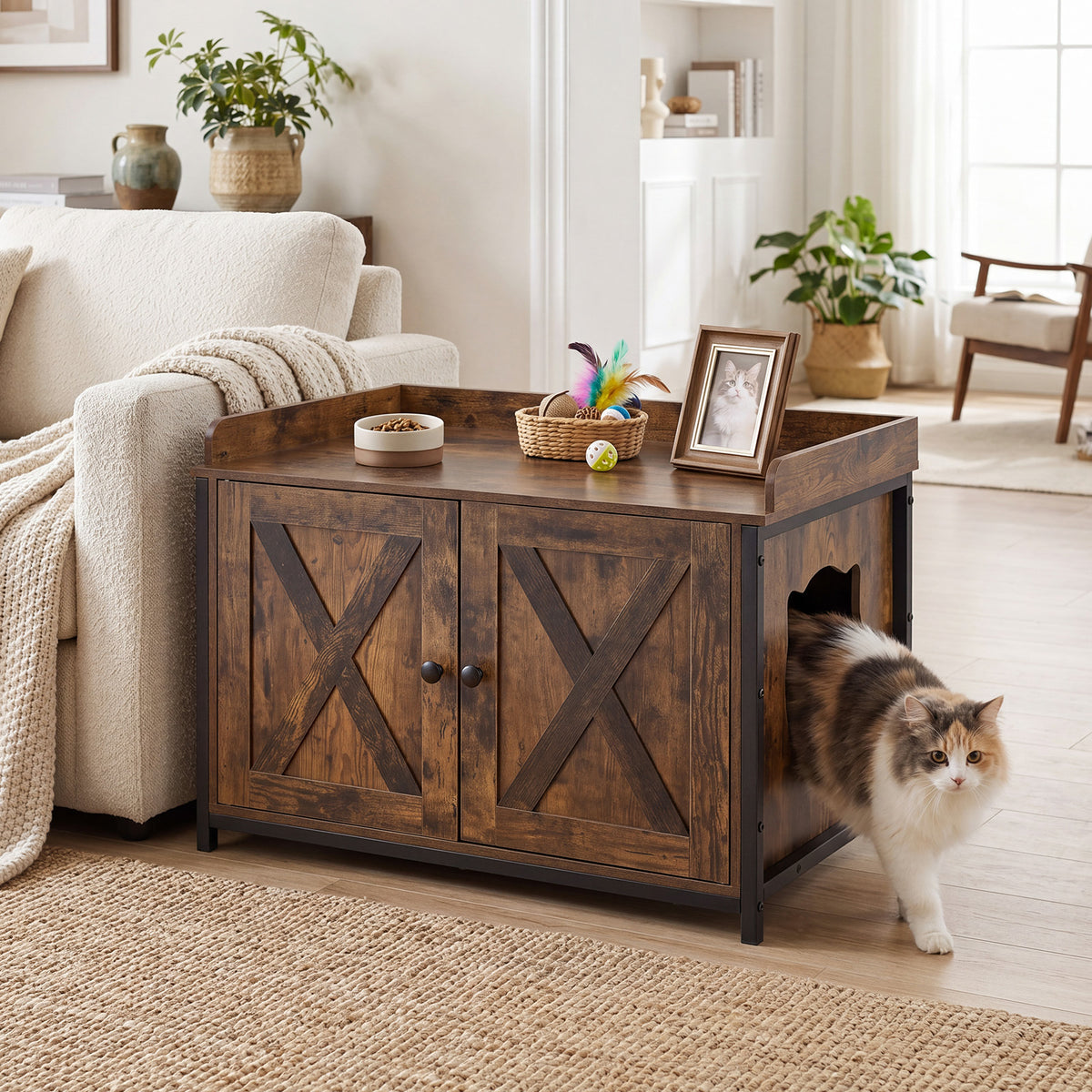 A cat walks out of the rustic brown cat furniture enclosure in a stylish room