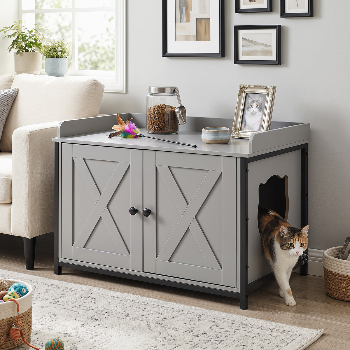The grey cat furniture with barn doors and a side entrance, shown in a room with a cat