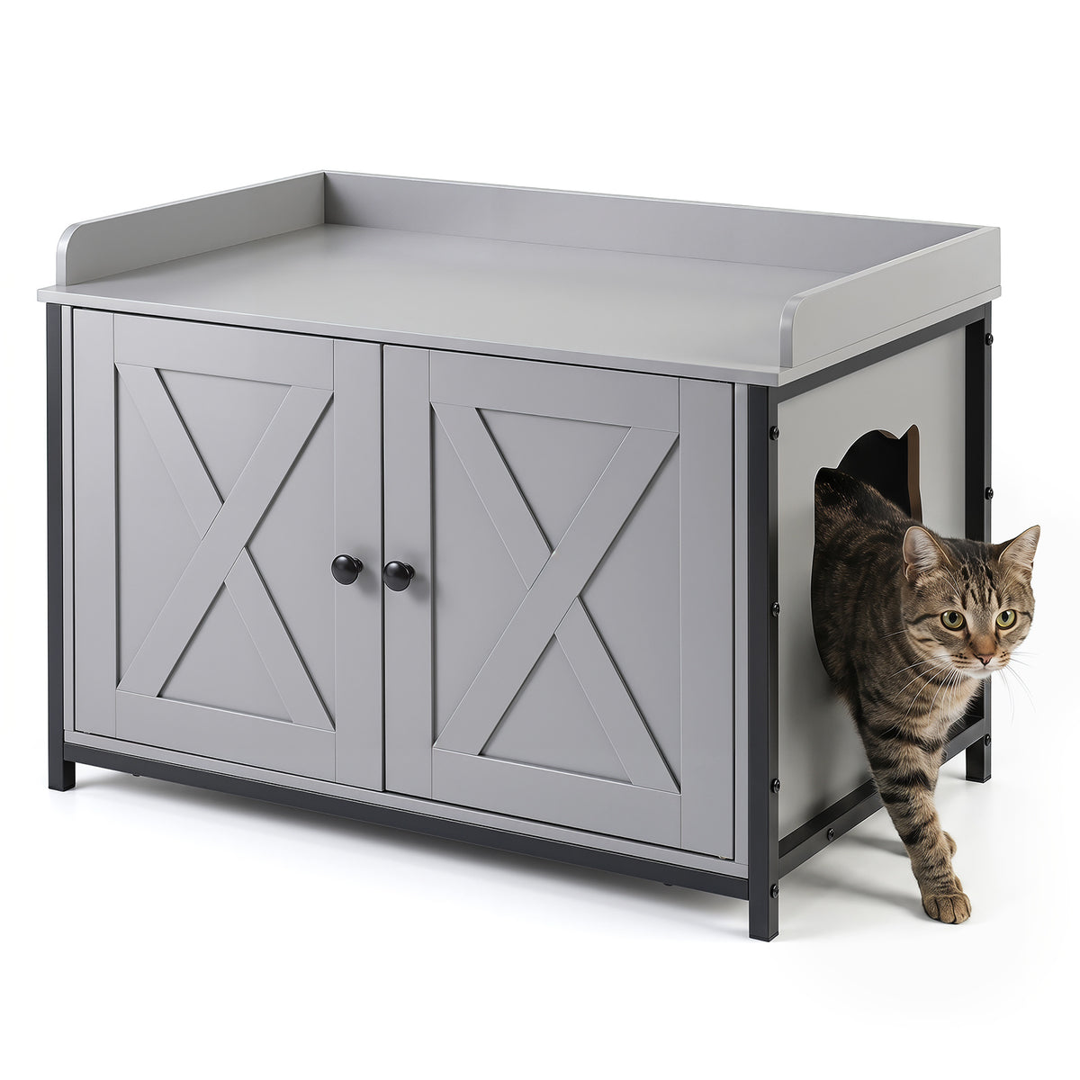 Cat Litter Box Enclosure with barn doors and metal legs, grey finish