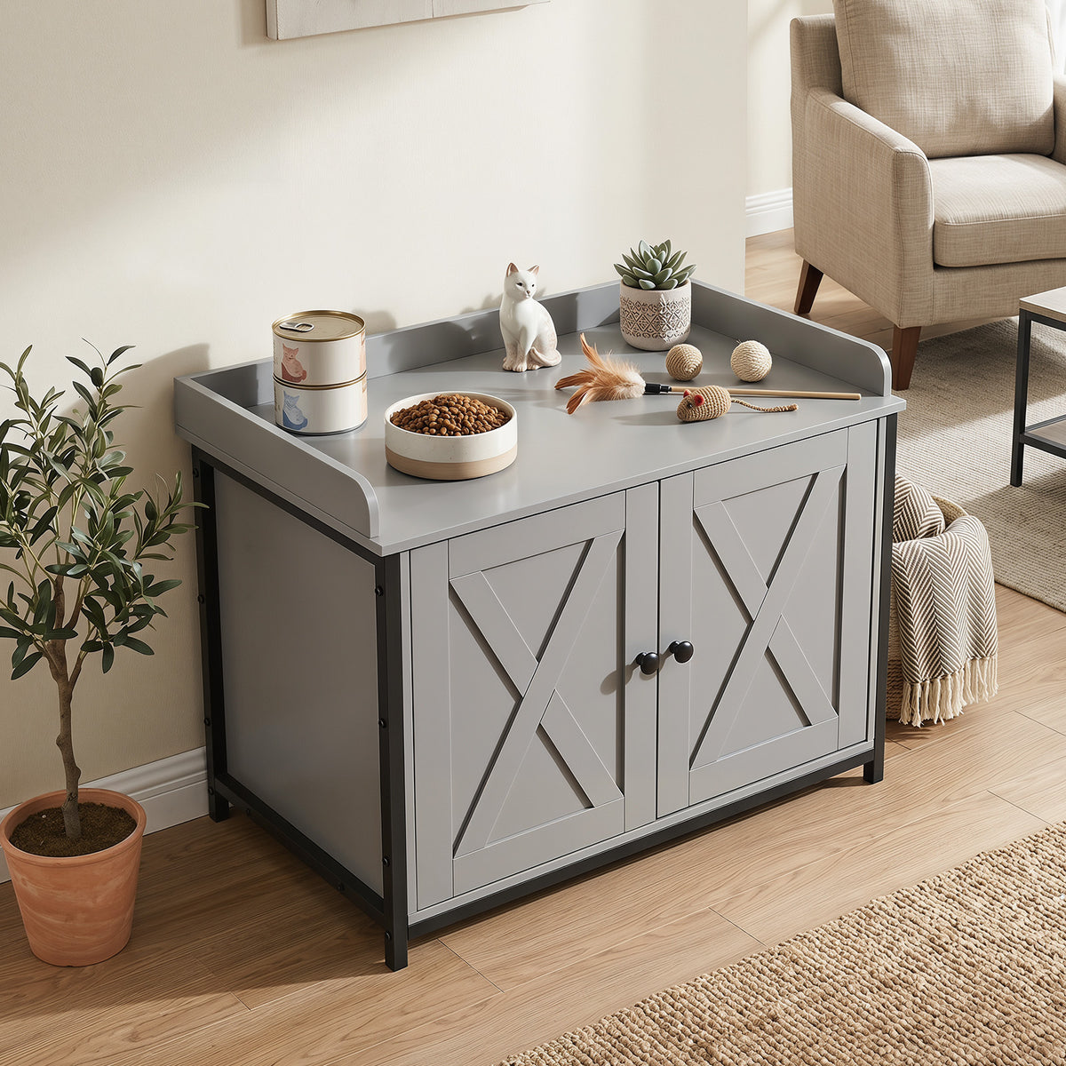 The grey cat furniture with barn doors and metal legs, displayed in a room setting