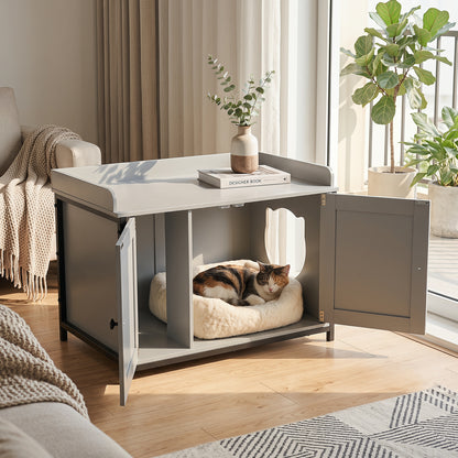 The cat furniture with one door open showing a cat bed inside