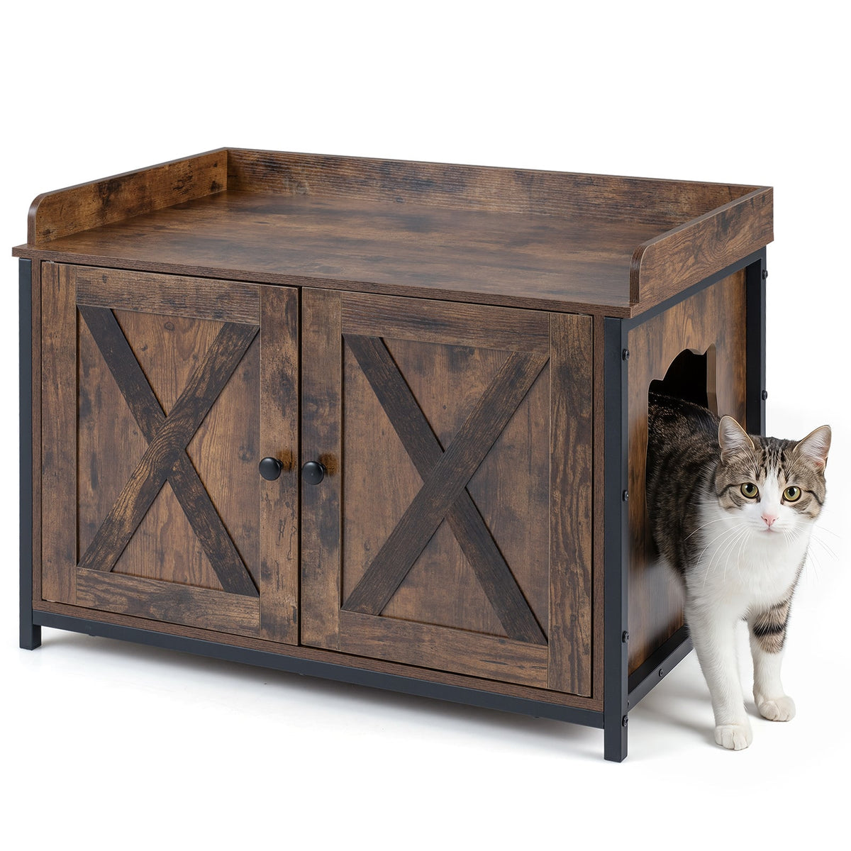 Cat Litter Box Enclosure with two barn doors, metal legs and a side entrance in rustic brown