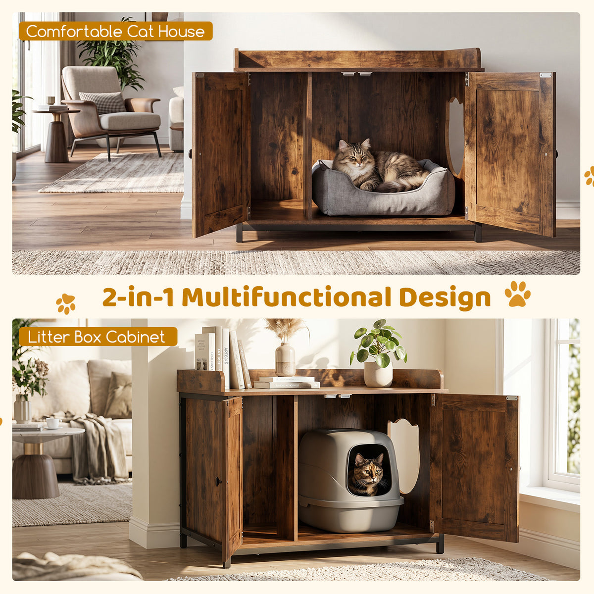 The cat furniture enclosure is shown as a comfortable cat house and a litter box cabinet