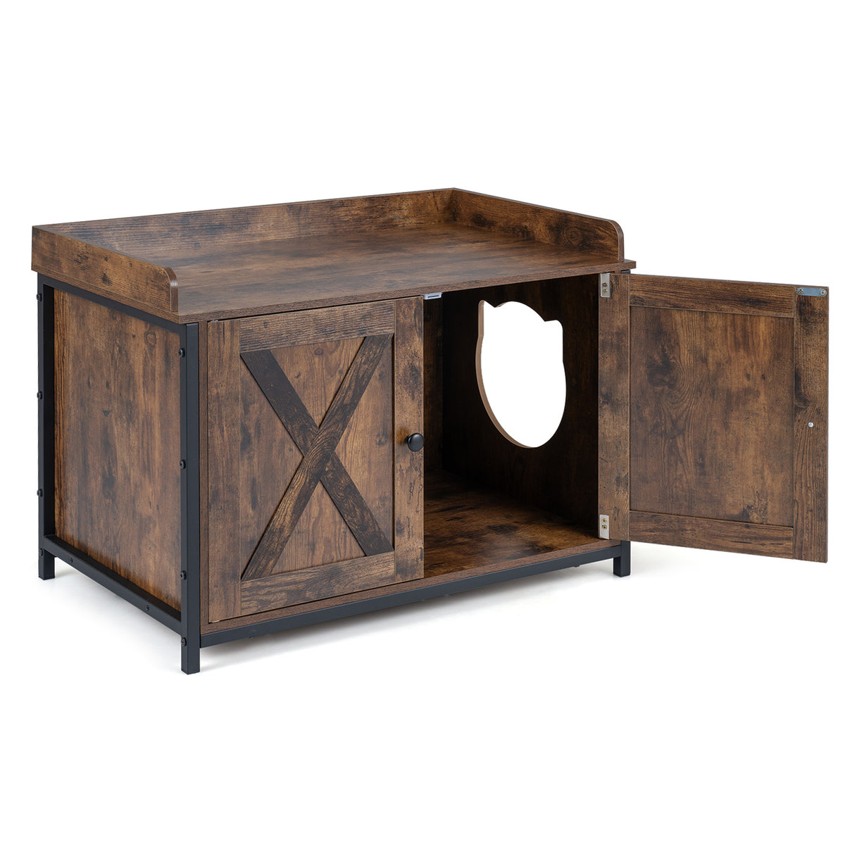 The rustic brown cat furniture enclosure with one barn door open showing the entrance
