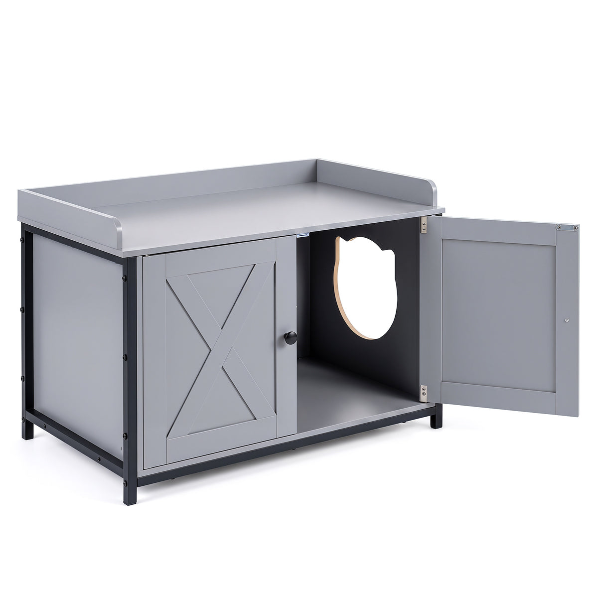The cat furniture with one side door open and the front doors closed