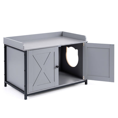 The cat furniture with one side door open and the front doors closed