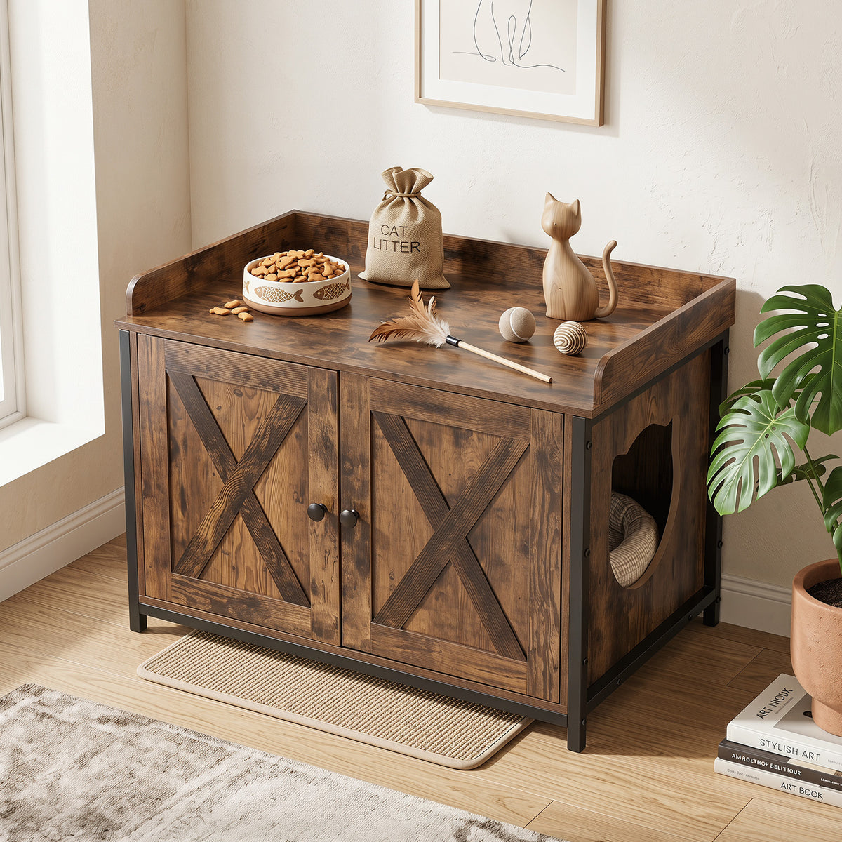 The cat furniture enclosure is styled in a room with cat accessories on top