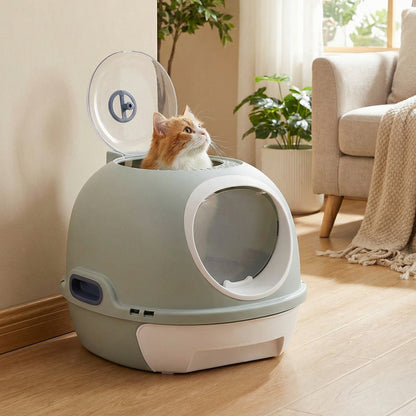 A cat sits inside the blue helicopter style cat toilet with the lid open