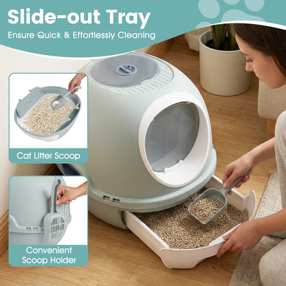 Slide-out tray and scoop holder of the enclosed cat toilet being demonstrated