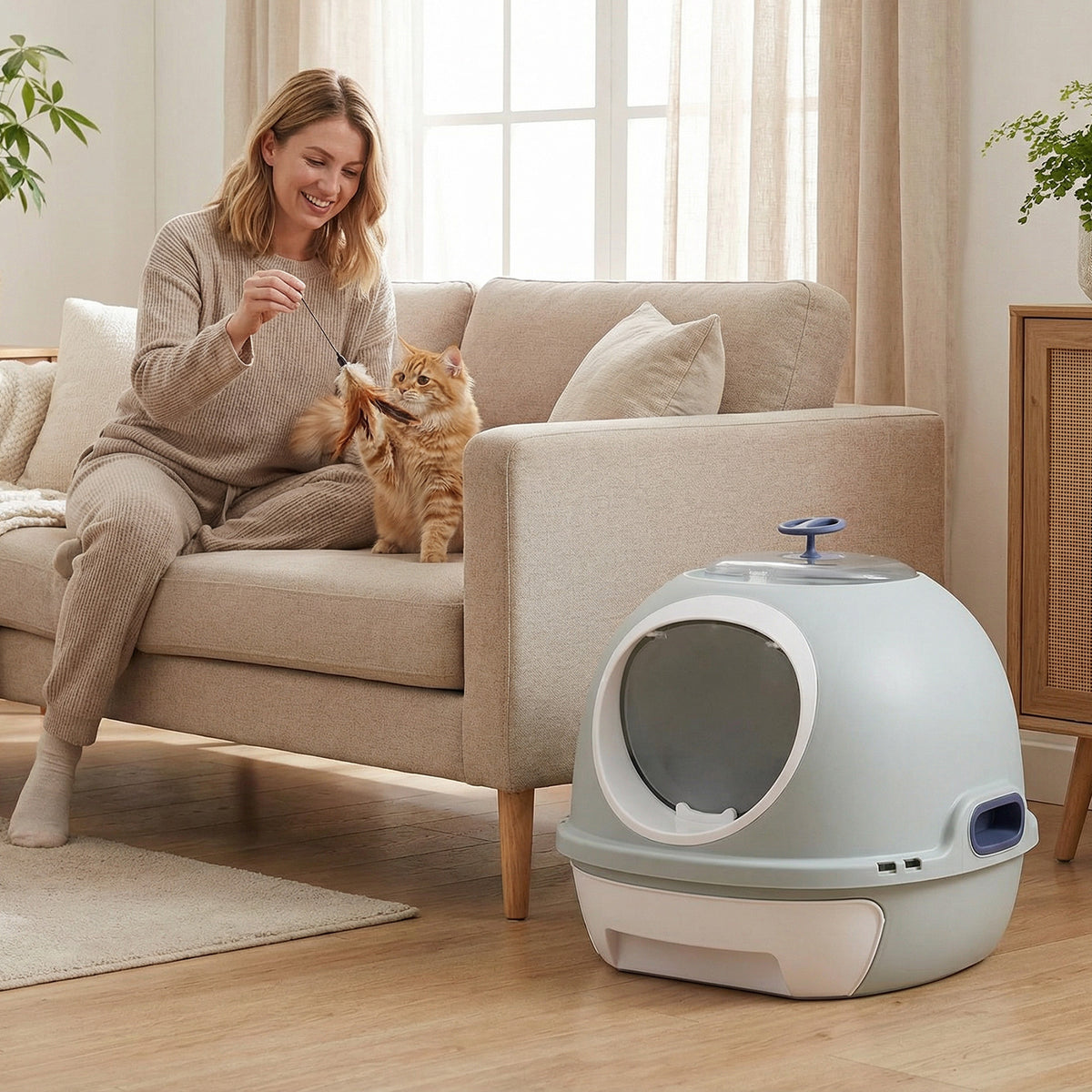 A woman plays with a cat next to the enclosed cat toilet in a living room