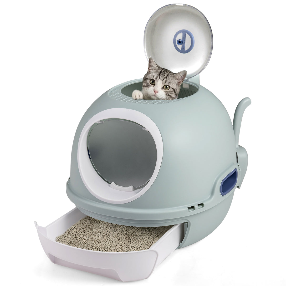 Cat Litter Box with Lid Helicopter Style fully enclosed cat toilet with front entry and flip top exit in blue
