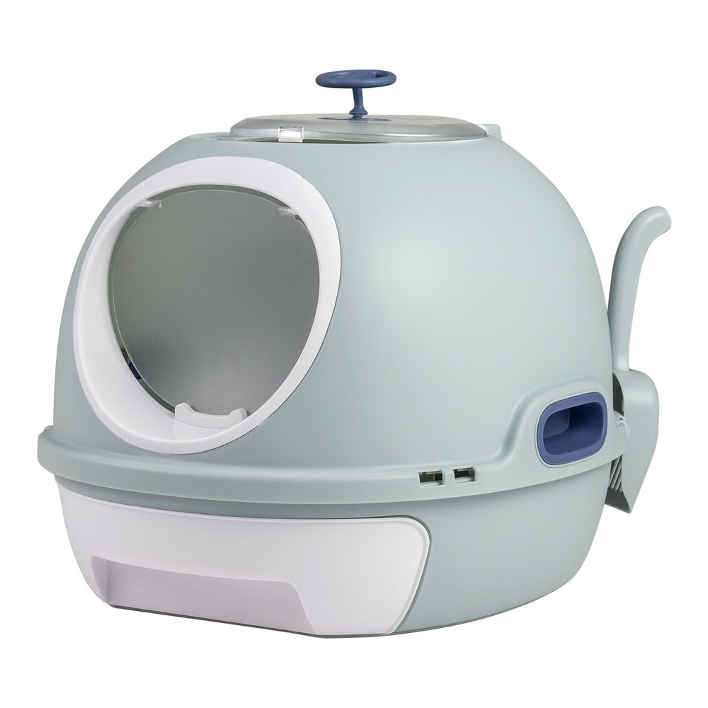 Close-up of the blue enclosed cat toilet showing the front entry and lid