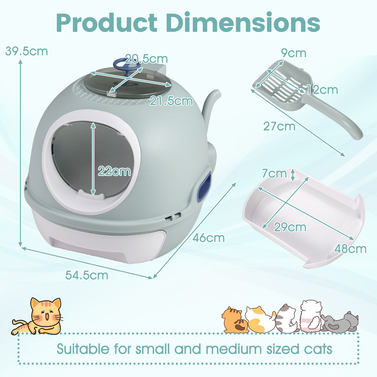 Product dimensions diagram for the enclosed cat toilet showing measurements and included accessories