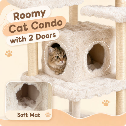 The cat tree condo section showing the two doors and the soft interior mat for the cat