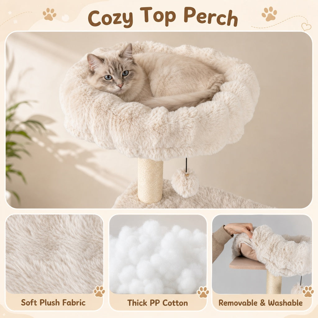 The cat tree top perch shown with close-ups of the plush fabric and removable cushion details