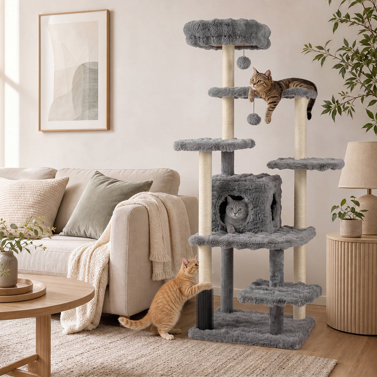 The grey cat tree with sisal scratching posts is shown in a living room setting with two cats playing on it