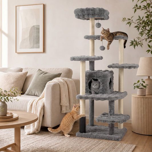 The grey cat tree with sisal scratching posts is shown in a living room setting with two cats playing on it