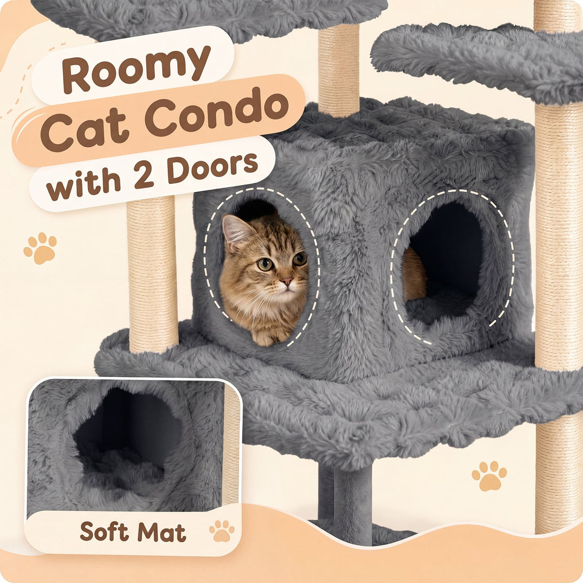 The cat condo section of the grey cat tree with sisal scratching posts, featuring two doors and a soft mat inside