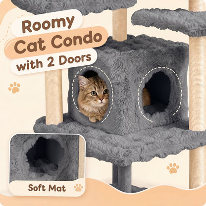 The cat condo section of the grey cat tree with sisal scratching posts, featuring two doors and a soft mat inside