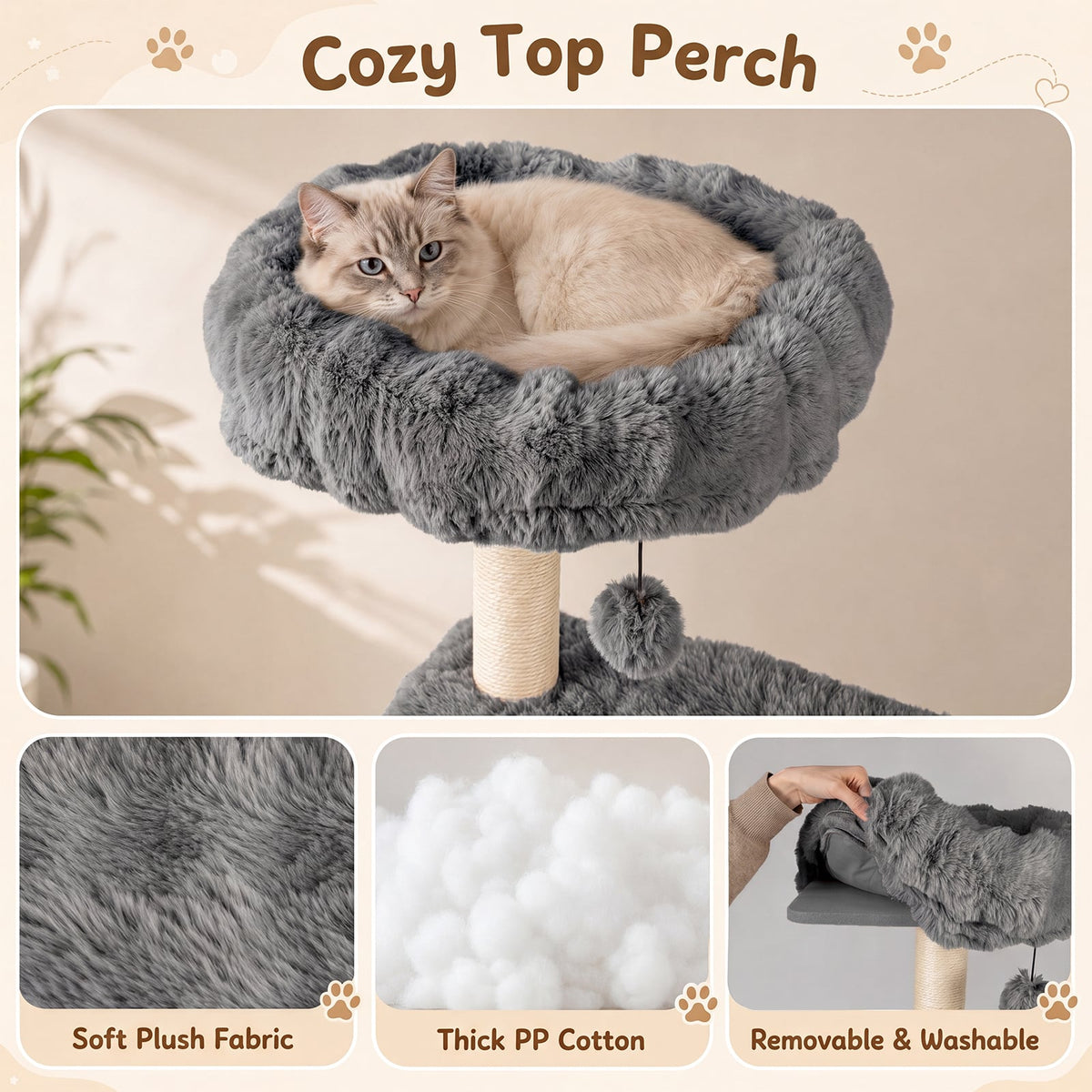 A grey cat tree with sisal scratching posts, showing a close-up of the soft plush fabric and thick PP cotton filling