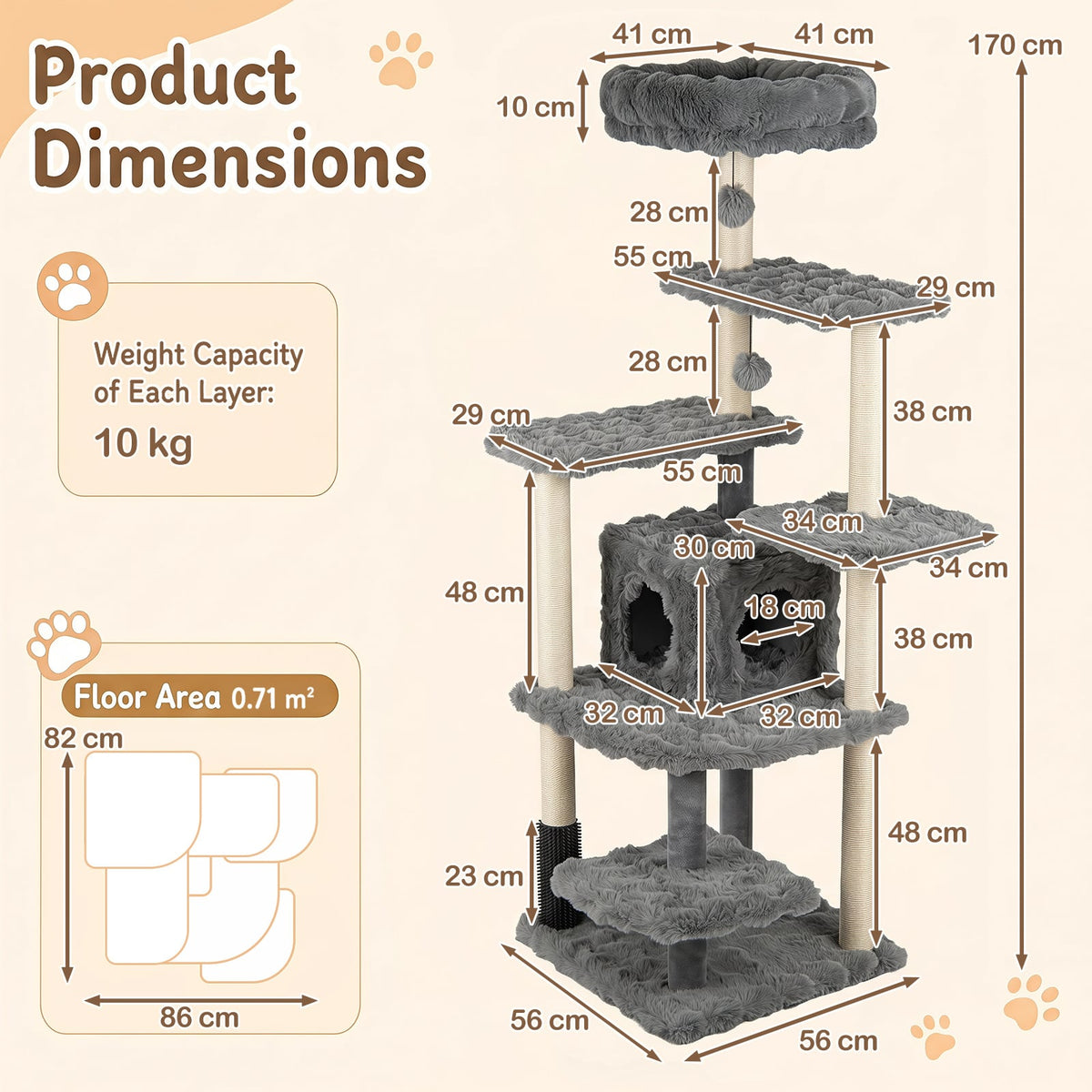Diagram showing the dimensions of the grey cat tree with sisal scratching posts, including height and width