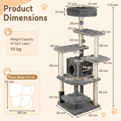 Diagram showing the dimensions of the grey cat tree with sisal scratching posts, including height and width