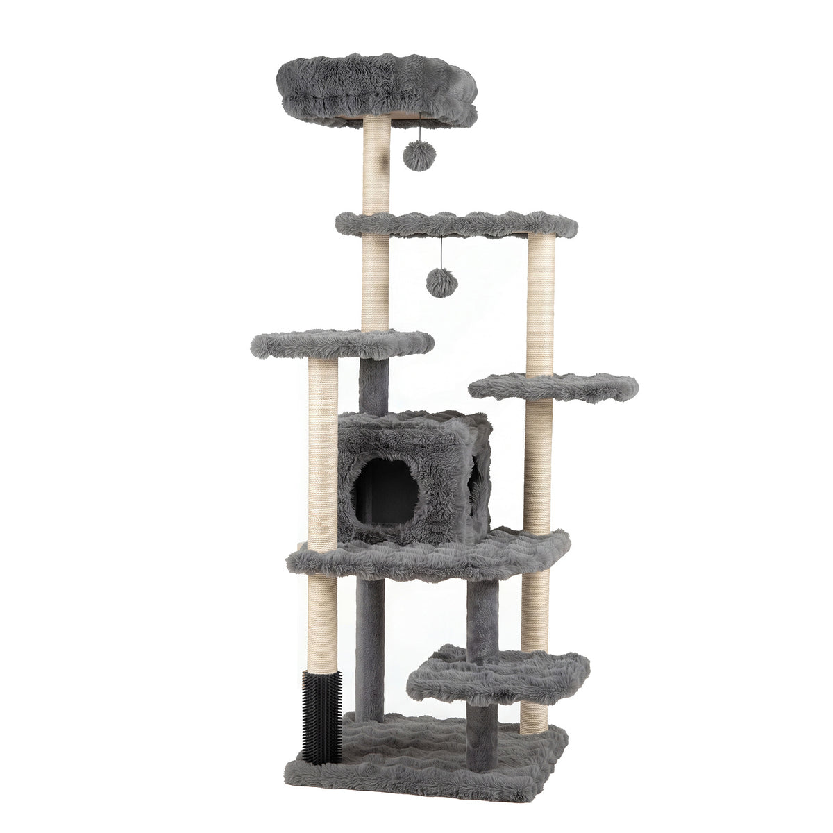 The grey cat tree with sisal scratching posts stands against a white background, showing its structure
