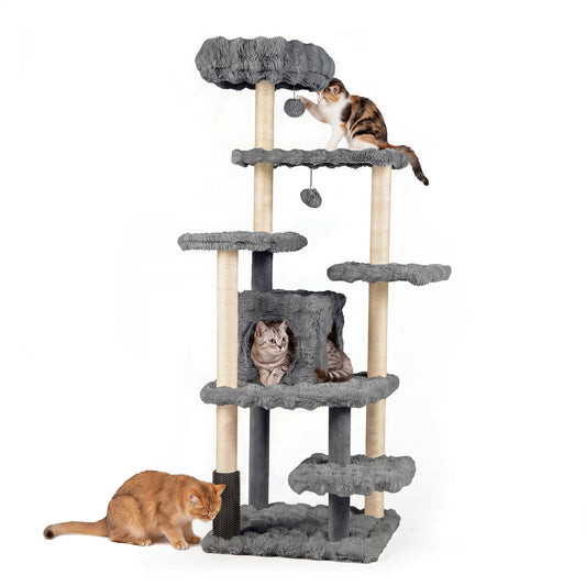 Cat Tree with Sisal Scratching Posts and Platform for Indoor Cats-Grey, a grey cat tree with multiple levels and hanging toys