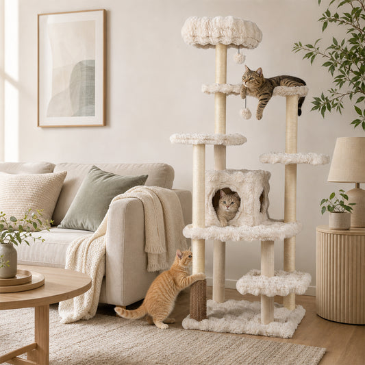 The cat tree placed in a bright living room next to a sofa with cats playing on the platforms