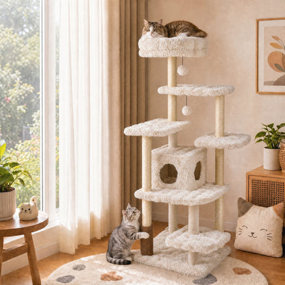 The cat tree standing by a window with a cat resting on the top perch and another on the floor