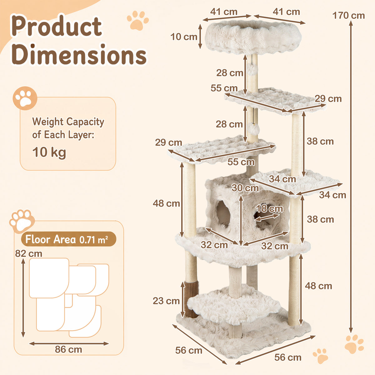 The cat tree displayed with technical diagrams showing dimensions and weight capacity details