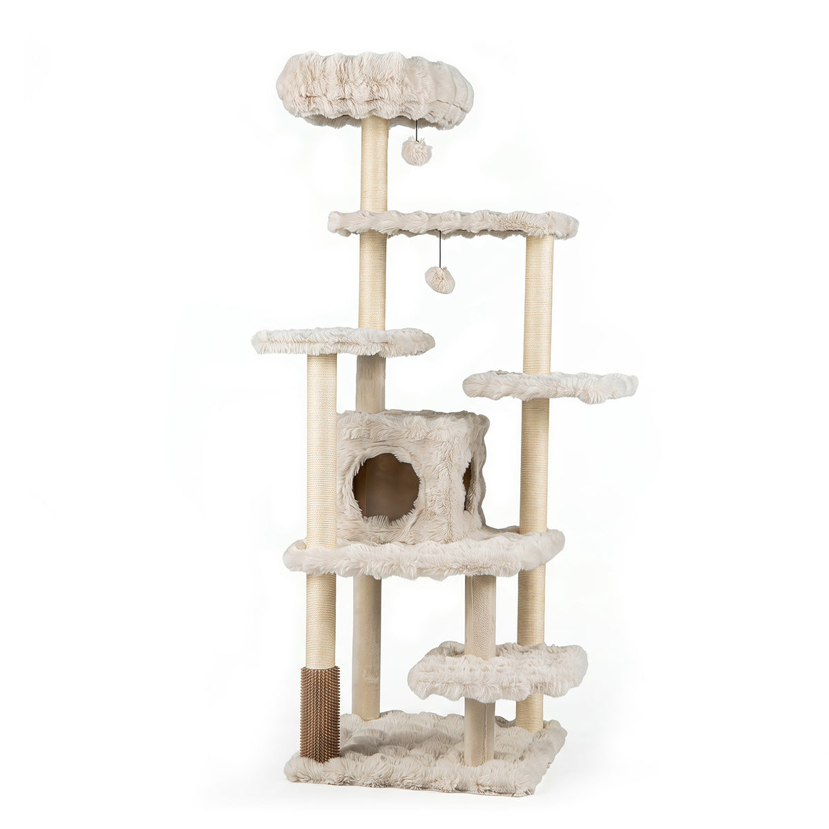 The cat tree showing the beige plush platforms and scratching posts on a plain white background