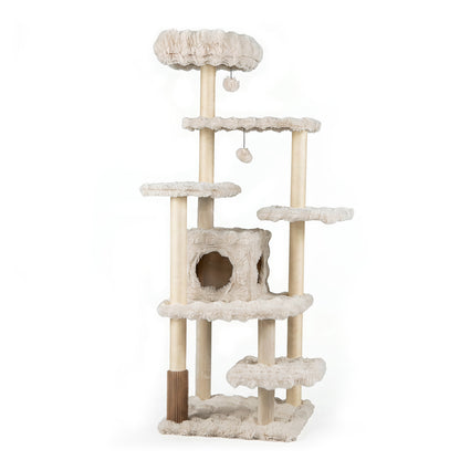 The cat tree showing the beige plush platforms and scratching posts on a plain white background