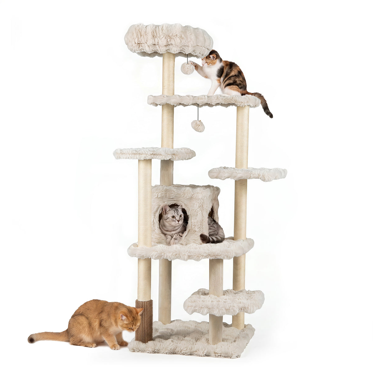 Cat Tree with Sisal Scratching Posts featuring multiple platforms and three cats on a white background
