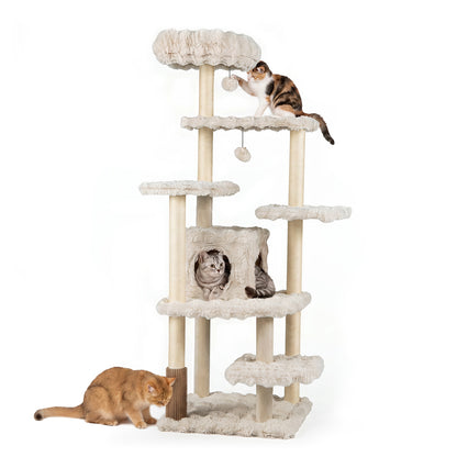 Cat Tree with Sisal Scratching Posts featuring multiple platforms and three cats on a white background