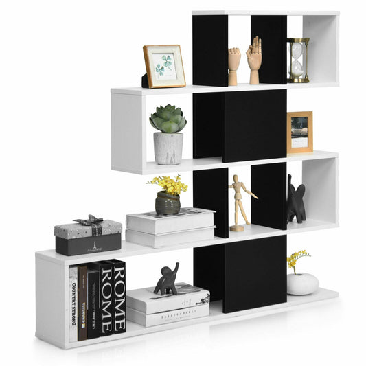 5-Tier Display and Storage Bookshelf with alternating black and white shelves