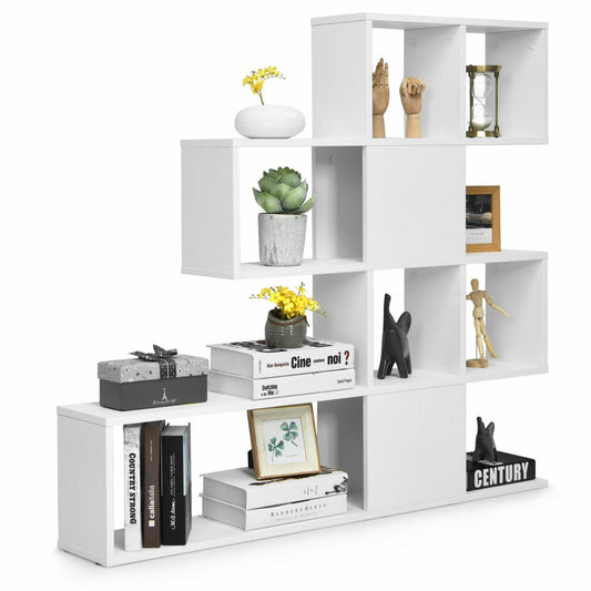 5-Tier Display and Storage Bookshelf in white, a modern asymmetrical shelving unit with open and closed compartments