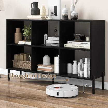 6-Cube Storage Bookcase Wooden Open Bookshelf with 5 Metal Legs-Black