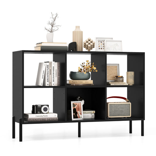 6-Cube Storage Bookcase Wooden Open Bookshelf with 5 metal legs in black