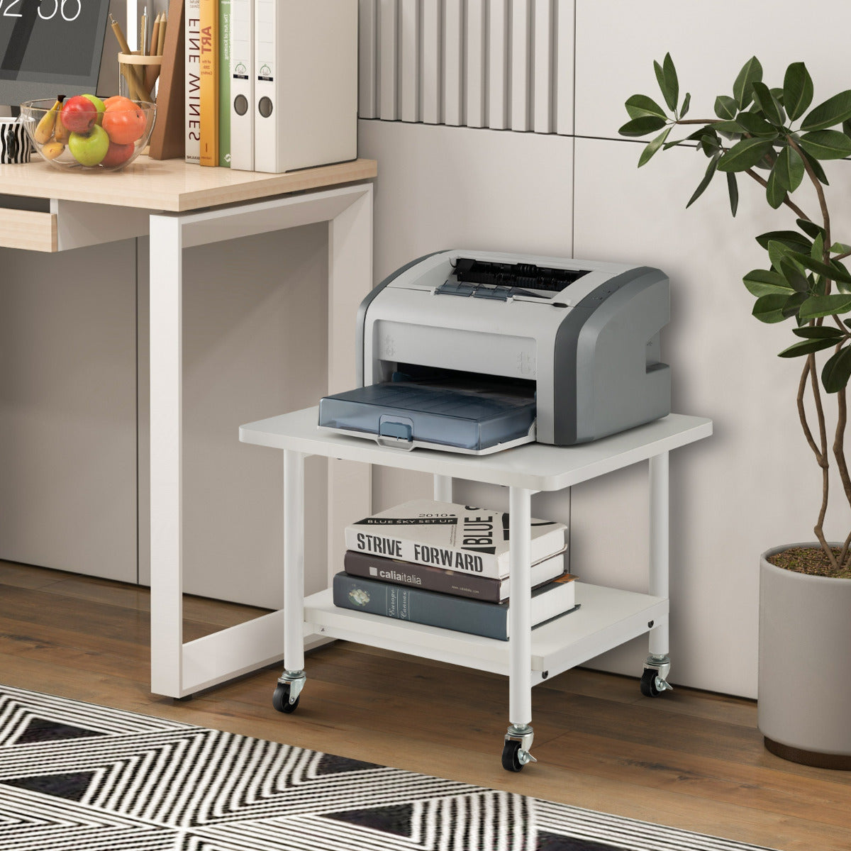 2 Tier Wooden Printer Stand with 360° Swivel Casters-Off White