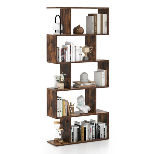 Geometric S-Shaped Bookcase filled with books and decorative items against a white background