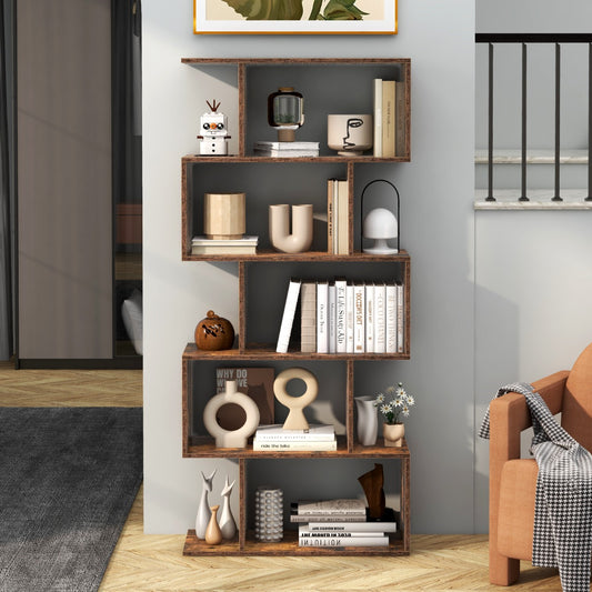 The brown wooden bookcase styled with ornaments in a modern living room setting