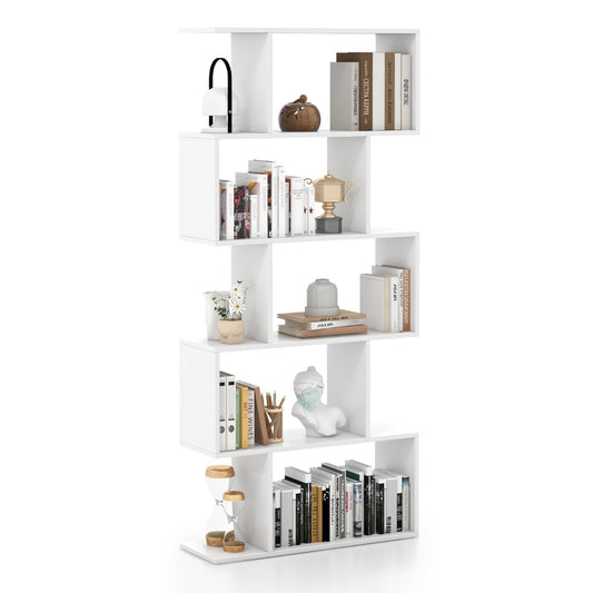 Geometric S-Shaped Bookcase with anti-toppling device, a white five-tier shelving unit filled with books and decorative items