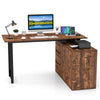 L-Shaped Desk with File Cabinet and Power Outlet-Black and Brown
