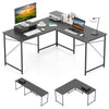 Reversible L-Shaped Desk with Built-in Power Strip and Removable Host Stand-Dark Grey