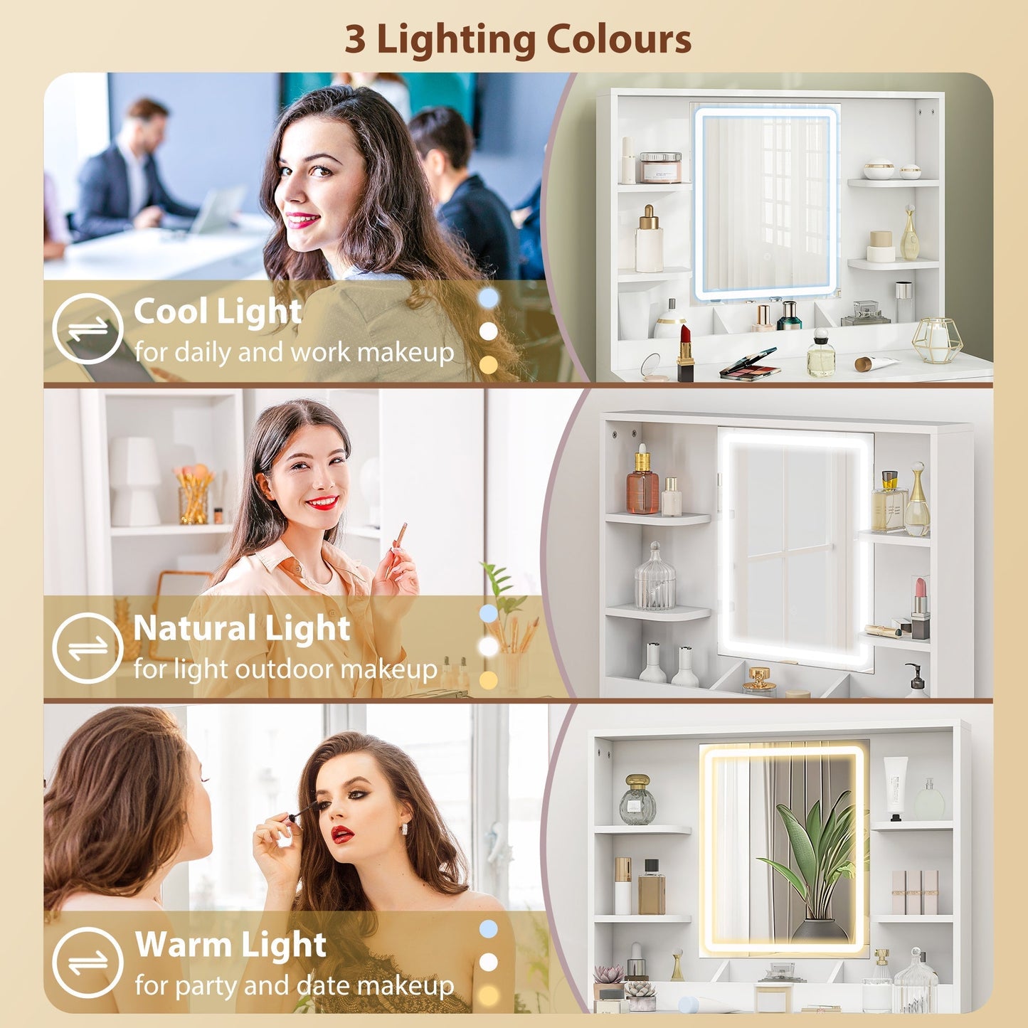 طاولة تزيين أنيقة من HOMCOM، مع مرآة بإضاءة LED - أبيض