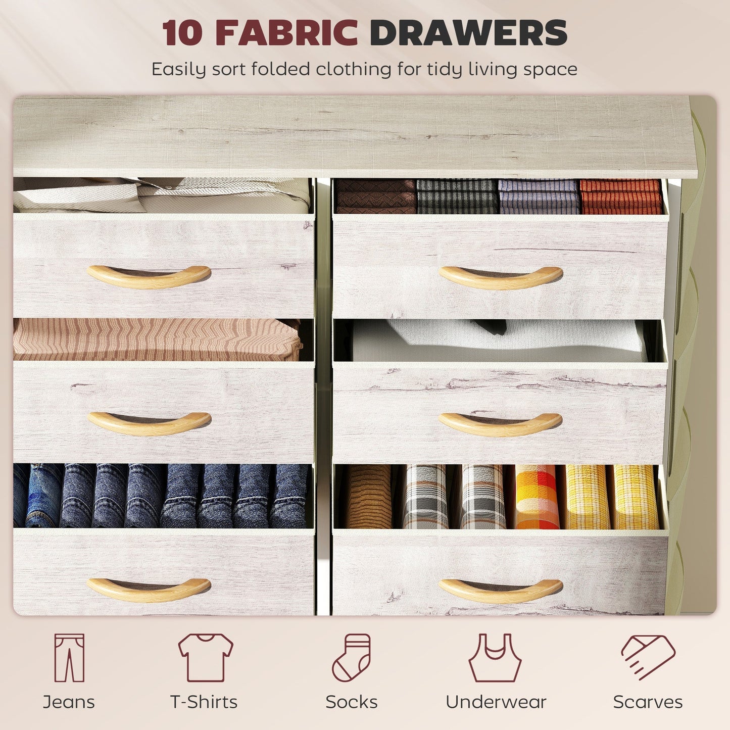 HOMCOM Chest of Ten Fabric Drawers - Natural Wood Finish