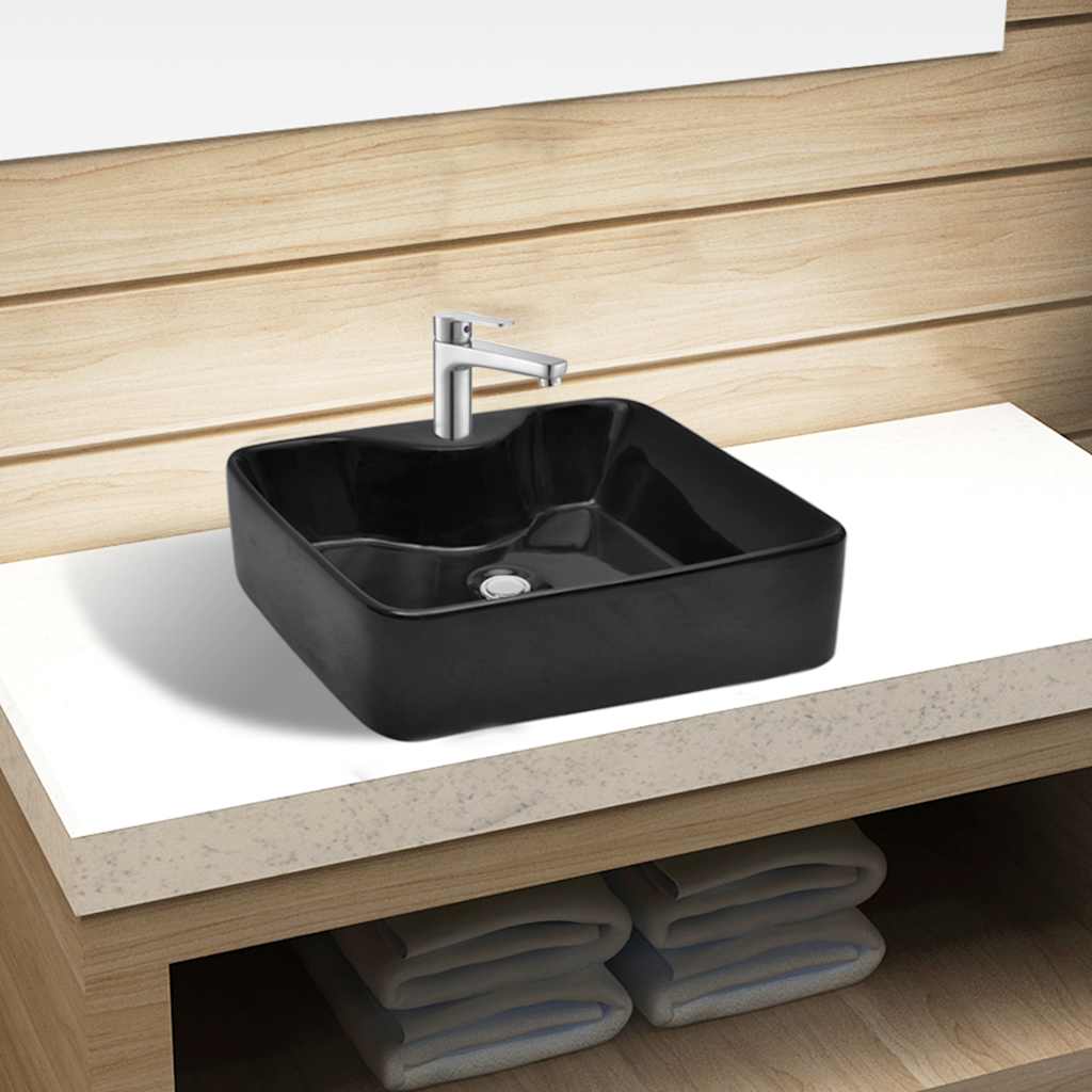 Ceramic Bathroom Sink Basin with Faucet Hole Black Square mounted on a wooden vanity unit