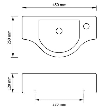 Diagram showing the dimensions of the white ceramic bathroom basin