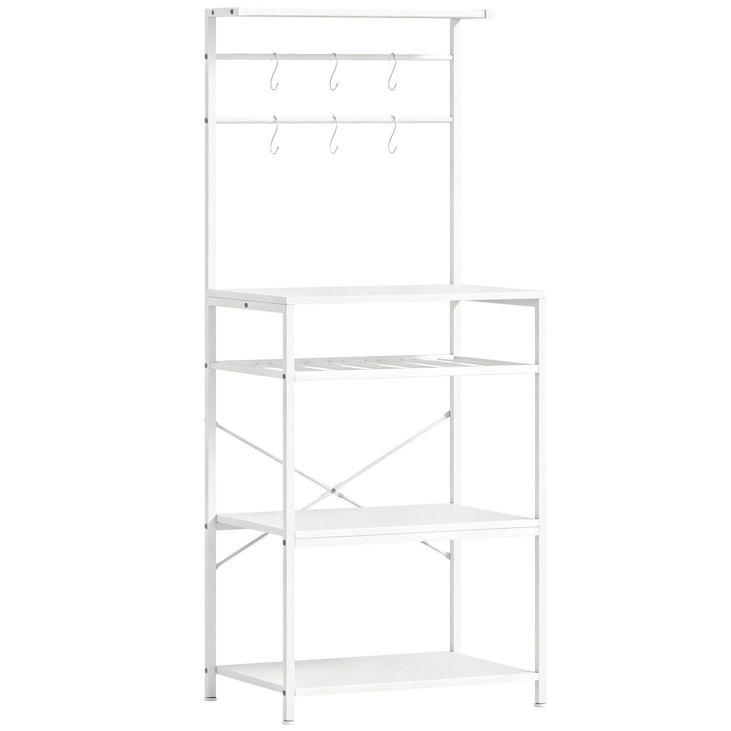 HOMCOM Freestanding Shelving Unit, Industrial Storage Shelf with 6 Hooks and Wine Rack for Living Room, Home Office, White